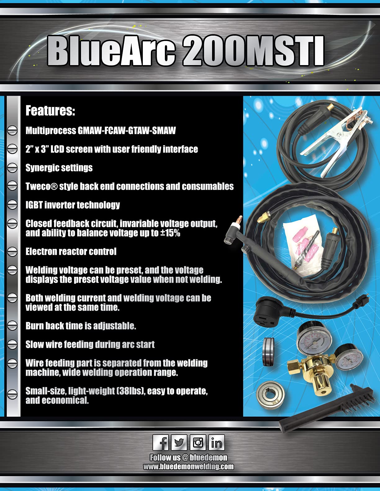 Blue Demon BlueArc 200MSTI 200A x Dual Voltage 115/230V Multi-Process Inverter Machine - Image 3