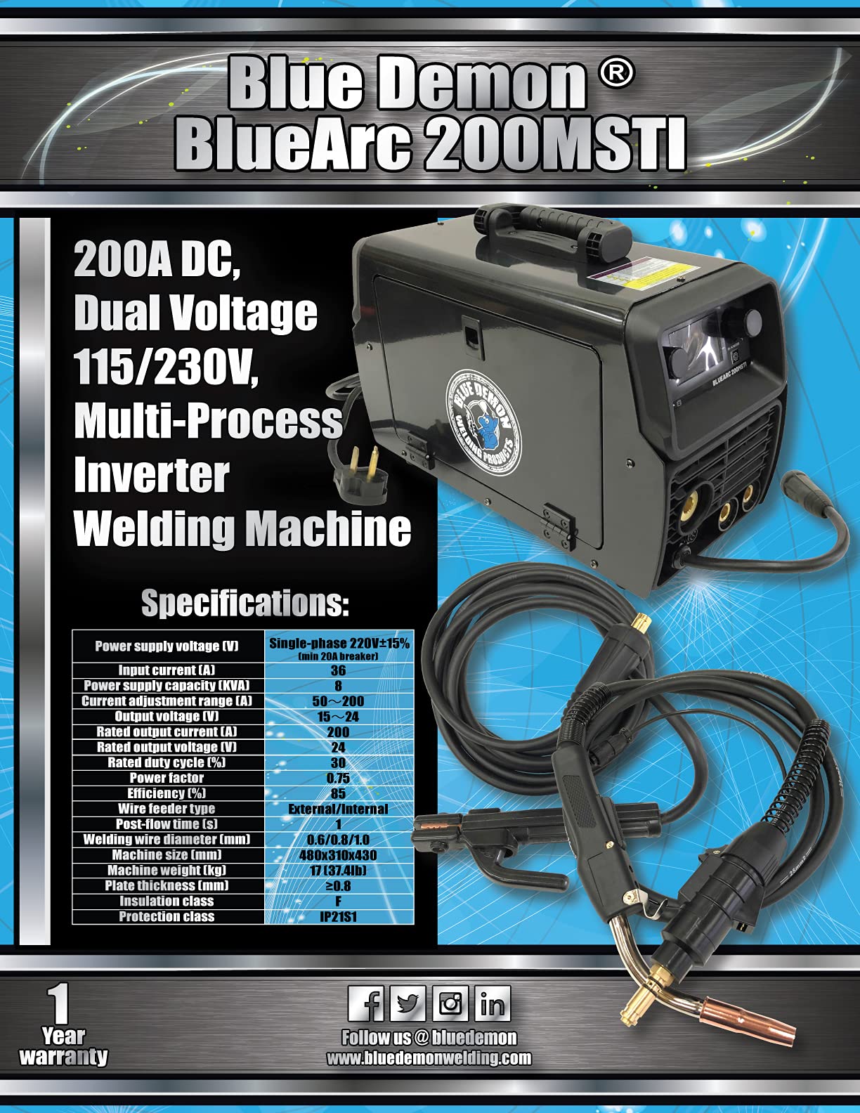 Blue Demon BlueArc 200MSTI 200A x Dual Voltage 115/230V Multi-Process Inverter Machine - Image 4