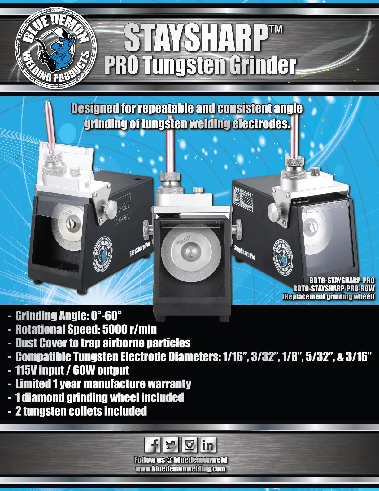 Blue Demon StaySharp Pro Tungsten Sharpener, Grinds Tungsten Electrode Diameters 1/16”, 3/32”, 1/8”, 5/32”, and 3/16”, Grind Angle 0-60 degrees, 5000 RPM (StaySharp Pro Replacement Grinding Wheel) - Image 5